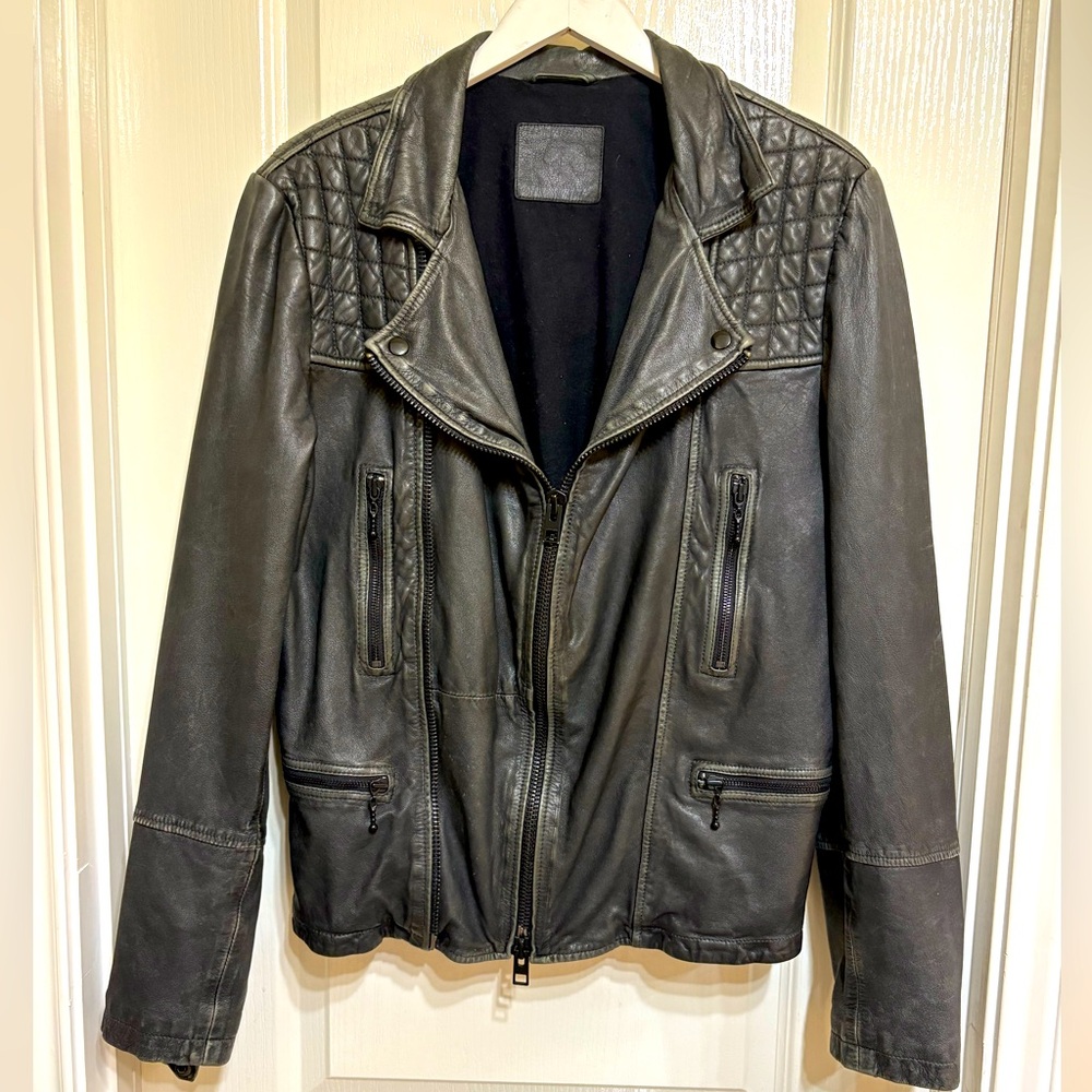 Men’s Medium All Saints Distressed Grey Leather Jacket